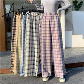 Aiertu Simple Vintage Plaid Causal Long Women Pants Street Fashion Straight Wide Leg Pant Aiertu