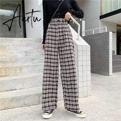 Aiertu Simple Vintage Plaid Causal Long Women Pants Street Fashion Straight Wide Leg Pant Aiertu