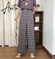 Aiertu Simple Vintage Plaid Causal Long Women Pants Street Fashion Straight Wide Leg Pant Aiertu