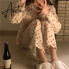 Aiertu Sleepwear Women's Cotton Red Heart Print Pijama Long Sleeve Autumn Pajamas Female Set Korean Pyjamas Negligee Cardigan Aiertu
