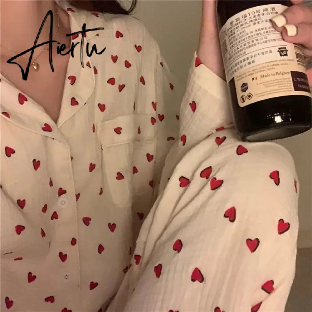 Aiertu Sleepwear Women's Cotton Red Heart Print Pijama Long Sleeve Autumn Pajamas Female Set Korean Pyjamas Negligee Cardigan Aiertu