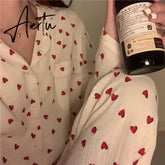 Aiertu Sleepwear Women's Cotton Red Heart Print Pijama Long Sleeve Autumn Pajamas Female Set Korean Pyjamas Negligee Cardigan Aiertu
