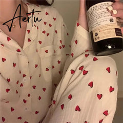 Aiertu Sleepwear Women's Cotton Red Heart Print Pijama Long Sleeve Autumn Pajamas Female Set Korean Pyjamas Negligee Cardigan Aiertu