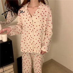 Aiertu Sleepwear Women's Cotton Red Heart Print Pijama Long Sleeve Autumn Pajamas Female Set Korean Pyjamas Negligee Cardigan Aiertu