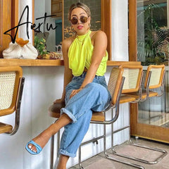 Aiertu sleeveless halter patchwork backless sexy crop top summer women fashion streetwear club camis outfits Aiertu