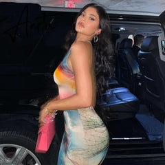 Aiertu Sleeveless Hollow Out Straps Asymmetric Print Backless Ruched Sexy Maxi Dress Summer Women Streetwear Y2K Aiertu