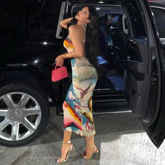 Aiertu Sleeveless Hollow Out Straps Asymmetric Print Backless Ruched Sexy Maxi Dress Summer Women Streetwear Y2K Aiertu