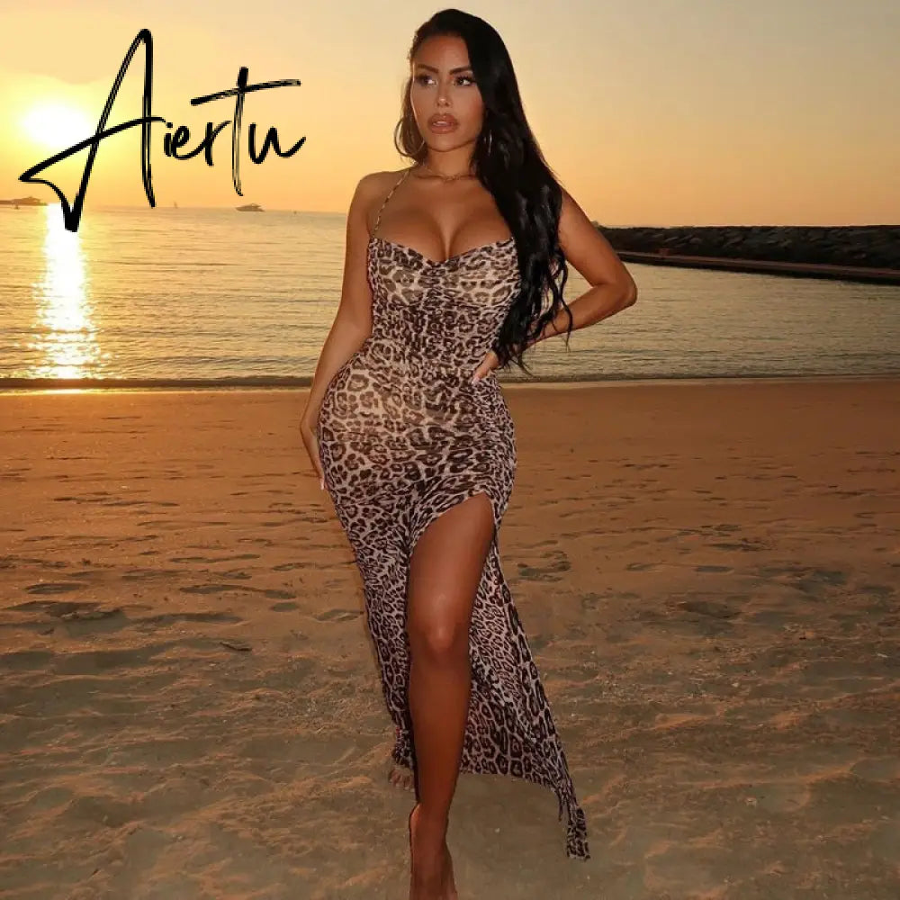 Aiertu Sleeveless Leopard Print Slit Sexy Maxi Dress Summer Women Backless Bandage Party Elegant Y2K Clothing Aiertu