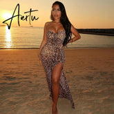 Aiertu Sleeveless Leopard Print Slit Sexy Maxi Dress Summer Women Backless Bandage Party Elegant Y2K Clothing Aiertu