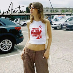 Aiertu Sleeveless O-Neck Letter Tank Crop Top Tshirt Summer Sexy Women Streetwear Y2K Party Casual Club Aiertu
