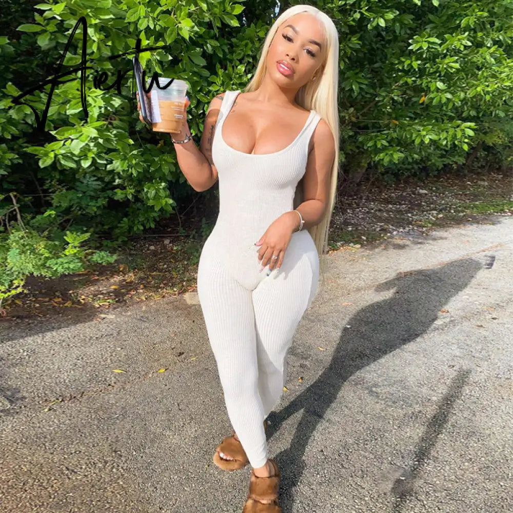 Aiertu Sleeveless Solid Square Collar Ribbed Skinny Jumpsuit Summer Women Fashion Sexy Streetwear Lounghe Wear Y2K Aiertu