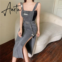 Aiertu Sleeveless Women Denim Suspender Dress Spring New Midi Skirt Blue Korean Fashion Polo Collar Streetwear Female Braces Slit Dress Aiertu