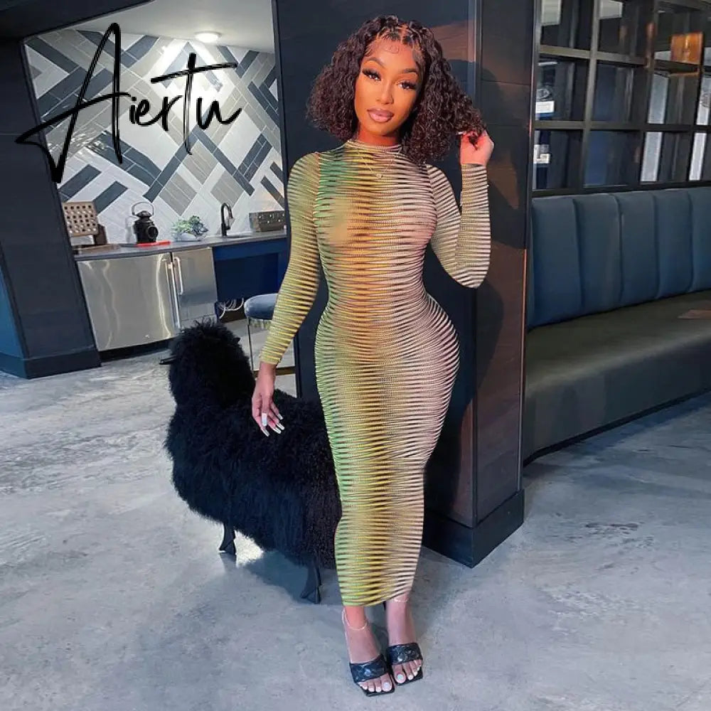 Aiertu Slip Long Sleeves Sexy See Through Bodycon Maxi Dress Summer Fall Women Fashion Club Color Print Clothes Y2K Robe Aiertu