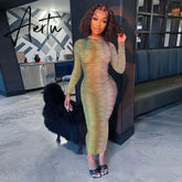 Aiertu Slip Long Sleeves Sexy See Through Bodycon Maxi Dress Summer Fall Women Fashion Club Color Print Clothes Y2K Robe Aiertu