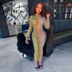 Aiertu Slip Long Sleeves Sexy See Through Bodycon Maxi Dress Summer Fall Women Fashion Club Color Print Clothes Y2K Robe Aiertu