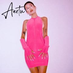Aiertu Slip Sleeveless Backless Metal Strings Pure Color Bodycon Pleated Mini Dress Sexy Women Streetwear Y2K Party Club Aiertu