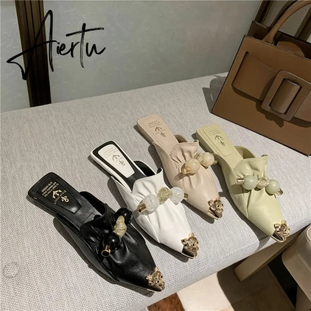 Aiertu Slippers for Women Flat Pointed Toe Pearl Knot Casual Summer Slip-on Mules Backless Loafers Ballet Flats Low Heel Luxury Shoes Aiertu