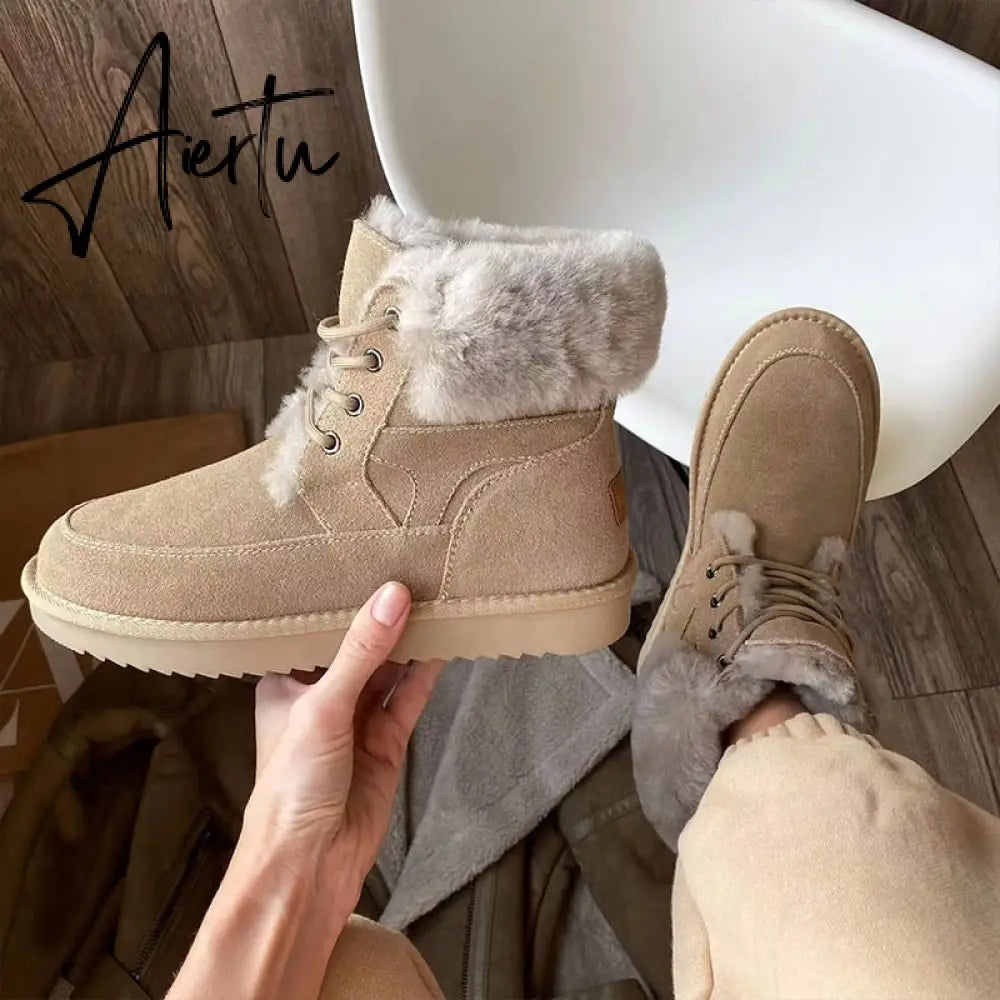 Aiertu Snow Boots Women Cow Suede Leather Lace Up Ankle Boots Warm Wool Ladies Winter Fur Shoes Handmade Aiertu