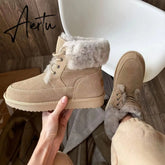 Aiertu Snow Boots Women Cow Suede Leather Lace Up Ankle Boots Warm Wool Ladies Winter Fur Shoes Handmade Aiertu