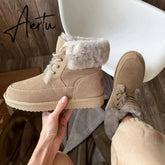 Aiertu Snow Boots Women Cow Suede Leather Lace Up Ankle Boots Warm Wool Ladies Winter Fur Shoes Handmade Aiertu