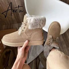 Aiertu Snow Boots Women Cow Suede Leather Lace Up Ankle Boots Warm Wool Ladies Winter Fur Shoes Handmade Aiertu