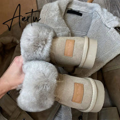 Aiertu Snow Boots Women Cow Suede Leather Lace Up Ankle Boots Warm Wool Ladies Winter Fur Shoes Handmade Aiertu