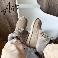 Aiertu Snow Boots Women Cow Suede Leather Lace Up Ankle Boots Warm Wool Ladies Winter Fur Shoes Handmade Aiertu