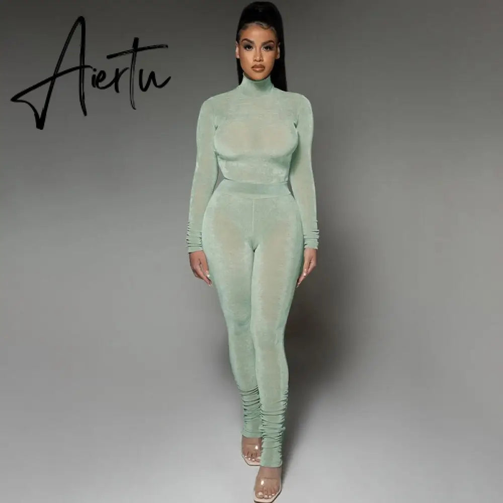 Aiertu Solid 2 Pcs Set Turtleneck Long Sleeve Bodysuit Slim Leggings New Slim Sports Tracksuit Casual Streetwear Y2K Aiertu