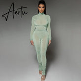 Aiertu Solid 2 Pcs Set Turtleneck Long Sleeve Bodysuit Slim Leggings New Slim Sports Tracksuit Casual Streetwear Y2K Aiertu