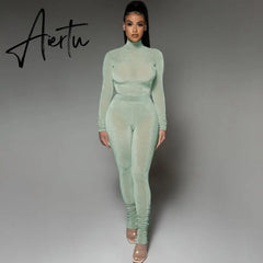 Aiertu Solid 2 Pcs Set Turtleneck Long Sleeve Bodysuit Slim Leggings New Slim Sports Tracksuit Casual Streetwear Y2K Aiertu