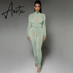 Aiertu Solid 2 Pcs Set Turtleneck Long Sleeve Bodysuit Slim Leggings New Slim Sports Tracksuit Casual Streetwear Y2K Aiertu