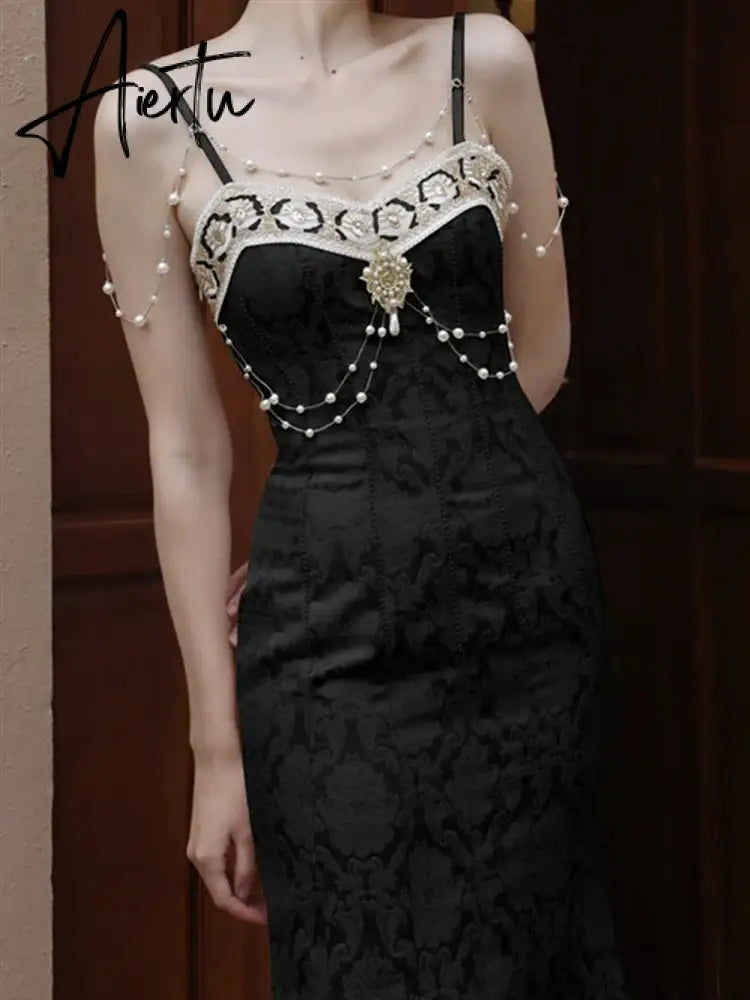Aiertu Solid Black Party Dresses Sexy Summer Boho Dress Woman Lace Backless Beach Sleeveless Runway Sundress Women Embroidery Robe Aiertu