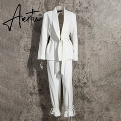 Aiertu Solid Color Korean Two Piece Set Women Blazer High Waist Belt Lace-up Straight Pants Suits Female Fashion New Aiertu