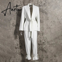 Aiertu Solid Color Korean Two Piece Set Women Blazer High Waist Belt Lace-up Straight Pants Suits Female Fashion New Aiertu