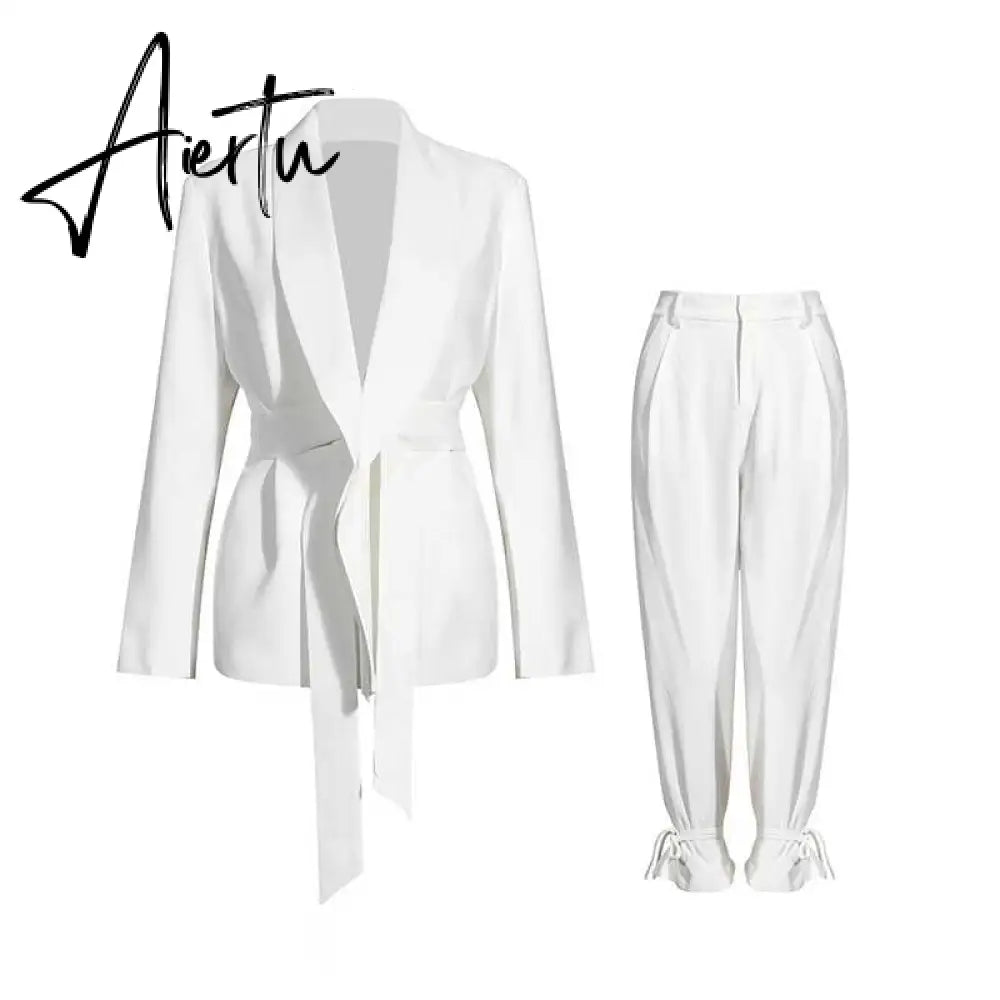 Aiertu Solid Color Korean Two Piece Set Women Blazer High Waist Belt Lace-up Straight Pants Suits Female Fashion New Aiertu