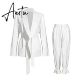 Aiertu Solid Color Korean Two Piece Set Women Blazer High Waist Belt Lace-up Straight Pants Suits Female Fashion New Aiertu