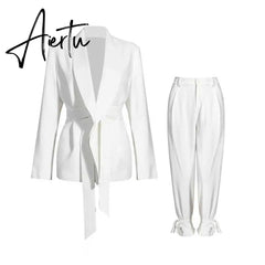 Aiertu Solid Color Korean Two Piece Set Women Blazer High Waist Belt Lace-up Straight Pants Suits Female Fashion New Aiertu