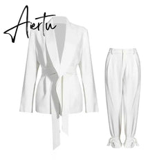 Aiertu Solid Color Korean Two Piece Set Women Blazer High Waist Belt Lace-up Straight Pants Suits Female Fashion New Aiertu