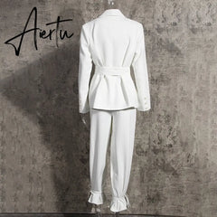 Aiertu Solid Color Korean Two Piece Set Women Blazer High Waist Belt Lace-up Straight Pants Suits Female Fashion New Aiertu