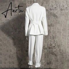 Aiertu Solid Color Korean Two Piece Set Women Blazer High Waist Belt Lace-up Straight Pants Suits Female Fashion New Aiertu