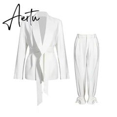 Aiertu Solid Color Korean Two Piece Set Women Blazer High Waist Belt Lace-up Straight Pants Suits Female Fashion New Aiertu