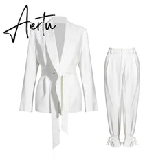Aiertu Solid Color Korean Two Piece Set Women Blazer High Waist Belt Lace-up Straight Pants Suits Female Fashion New Aiertu