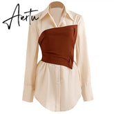 Aiertu Solid Color Shirt For Women Lapel Collar Long Sleeves Slim Fit With Corset High Waist Shirts Female Autumn New Aiertu