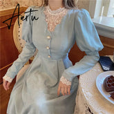 Aiertu Solid Elegant Dress Women Winter Patchwork Lace Party Midi Dress Female Casual French Style Sweet Kawaii Korean Dress Women Aiertu