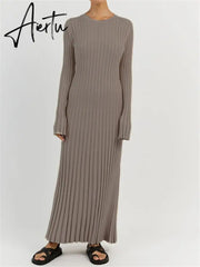 Aiertu Solid Elegant Pleated Knitted Long Dress For Women Autumn Long Sleeve Slim V Neck Midi Dress Female Chic Ribbed Maxi Robe Aiertu