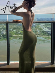 Aiertu Solid Halter Sleeveless Backless Slim Sexy Maxi Dress Spring Women Elegant Streetwear Party Y2K Clothing Concise Aiertu