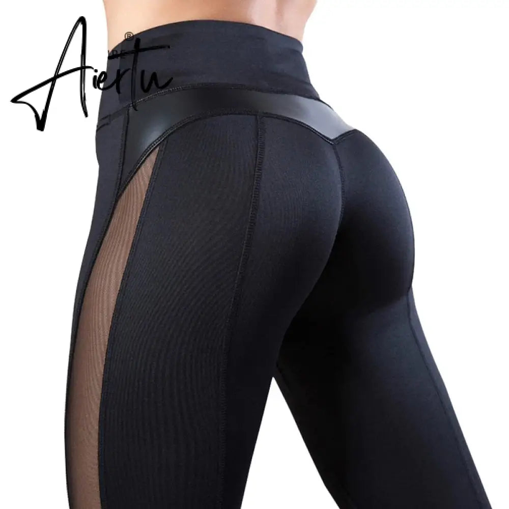 Aiertu Solid High Waist Fitness Legging Women Heart Workout Leggins Femme Fashion Mesh And PU Leather Patchwork Leggings Aiertu