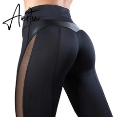 Aiertu Solid High Waist Fitness Legging Women Heart Workout Leggins Femme Fashion Mesh And PU Leather Patchwork Leggings Aiertu