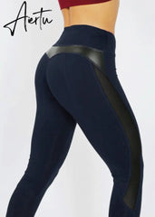 Aiertu Solid High Waist Fitness Legging Women Heart Workout Leggins Femme Fashion Mesh And PU Leather Patchwork Leggings Aiertu