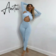 Aiertu Solid Hollow Out Revealing Long Sleeves Slim Bodycon Jumpsuit Summer Women Fashion Sexy Sport Party Club Robe Y2K Aiertu